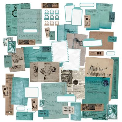 49 And Market - Color Swatch - Teal Ephemera Stackers - 60 Assorted pieces of text weight papers and cardstock