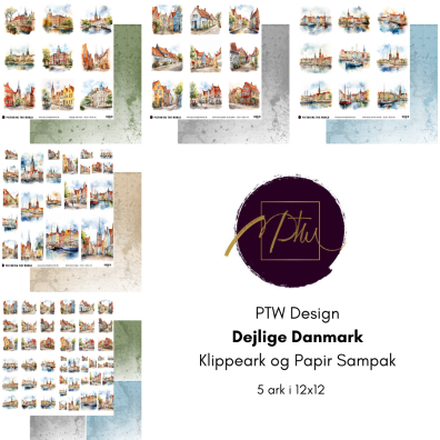 PTW Design - Dejlige Danmark Klippeark og Papirsampak - 5 ark 12x12 - Sælges kun til kitklubmedlemmer