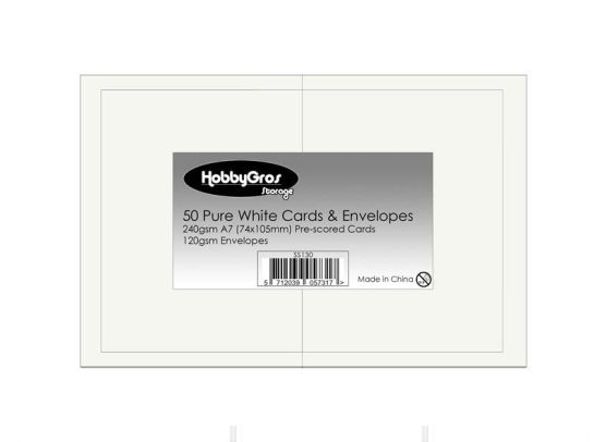 HobbyGros Storage - 50 Sæt A7 Kort/Kuverter - Pure White