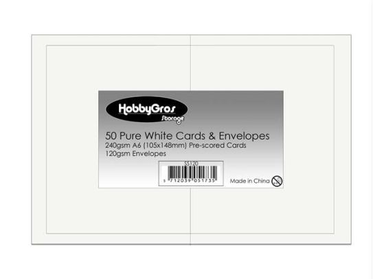 HobbyGros Storage - 50 Sæt A6 Kort/Kuverter - Pure White