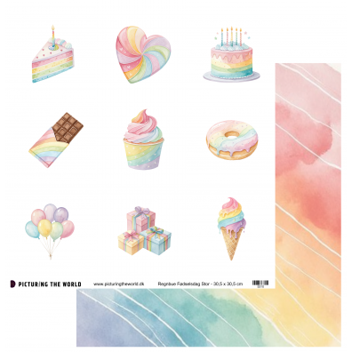 Add on April - PTW Design - Regnbue Fødselsdag Stor 12x12 Klippeark - sælges kun til kitklubmedlemmer