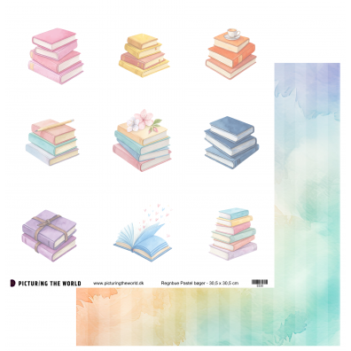 Add on April - PTW Design - Regnbue Pastel Bøger 12x12 Klippeark - sælges kun til kitklubmedlemmer