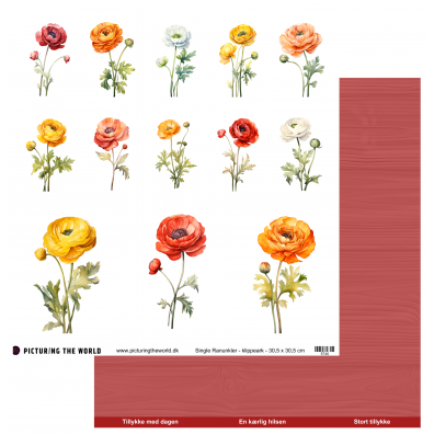 Add on Juni - PTW Design - Farverige Blomster - Single Ranunkler - 12x12 klippeark