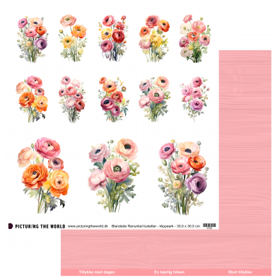 Add on Juni - PTW Design - Farverige Blomster - Blandede Ranunkel Buketter - 12x12 klippeark