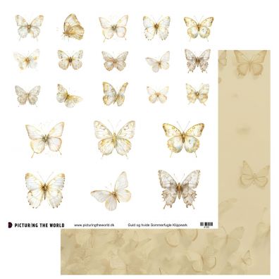PTW Design - Farverige Sommerfugle - Guld og hvide Sommerfugle - 12x12 klippeark
