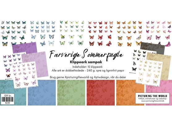 PTW Design - Farverige Sommerfugle Sampak - 10 stk. 12x12 klippeark